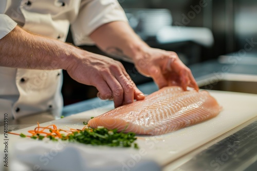 Chef preparing a large fish fillet on a cutting board