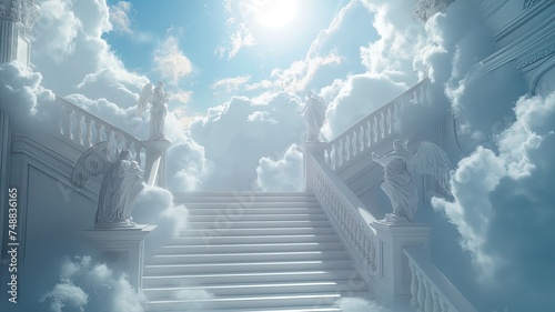 heaven in the clouds, a heavenly scene where soft, billowing clouds create a celestial backdrop, and a grand staircase made of white marble ascends majestically towards the heavens. photo