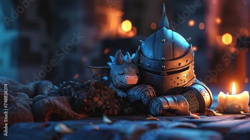 3D knight cuddling with a tiny dragon, castle night