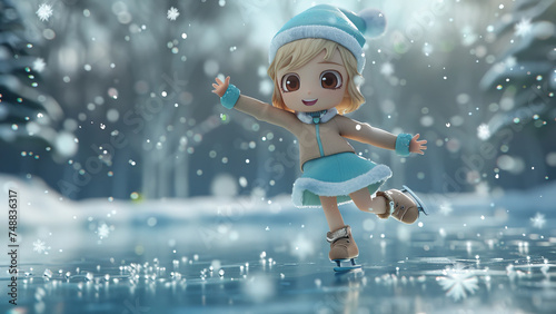 3D ice skater performing on a frozen pond, snowflakes falling
