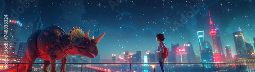 A childs thrilling encounter in VR up close with a friendly Triceratops on a virtual city bridge stars above