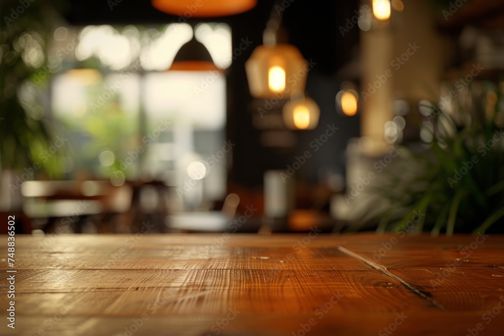 Warmly lit interior of a cafe, focusing on a textured wooden table with blurred background. Warmly lit interior of a cafe, focusing on a textured wooden table with blurred background.