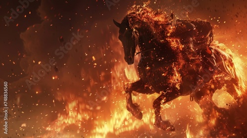 A demonic steed galloping through flames  its hooves sparking fires with every step horse fire