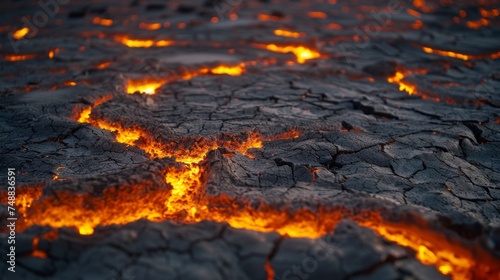 A desolate landscape, the ground cracked and glowing with the fire from below
