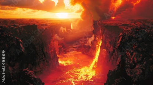 A fiery chasm splitting the earth, demons emerging into the night