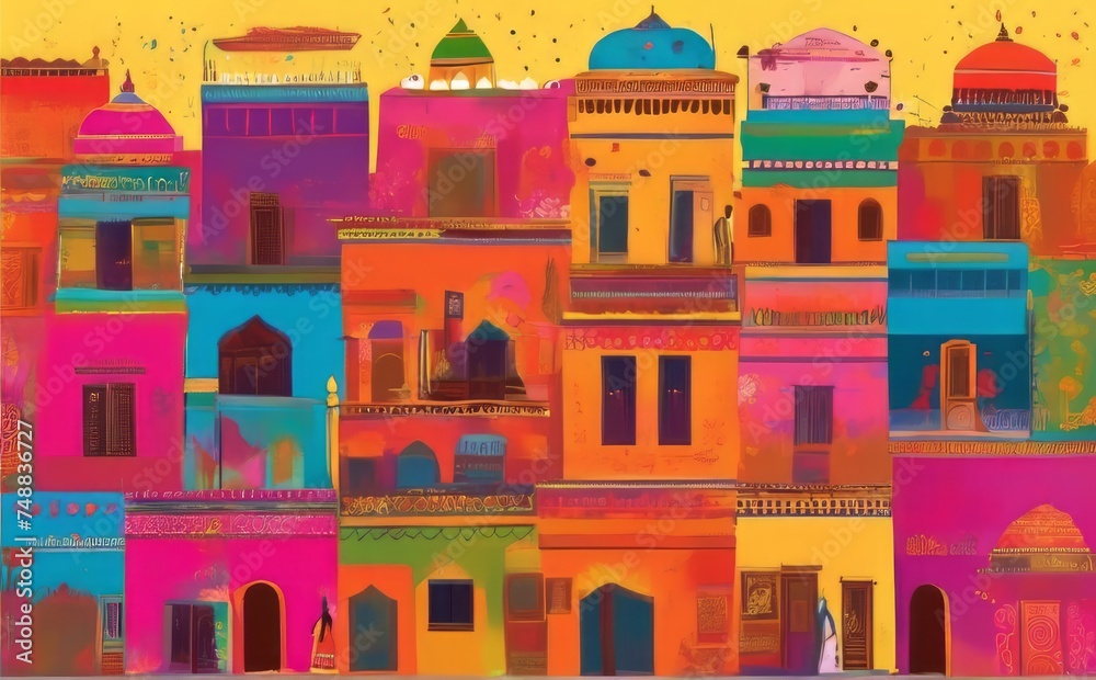 Celebration of the Holi festival in India with a colorful background and illustration to depict the essence of festivity.