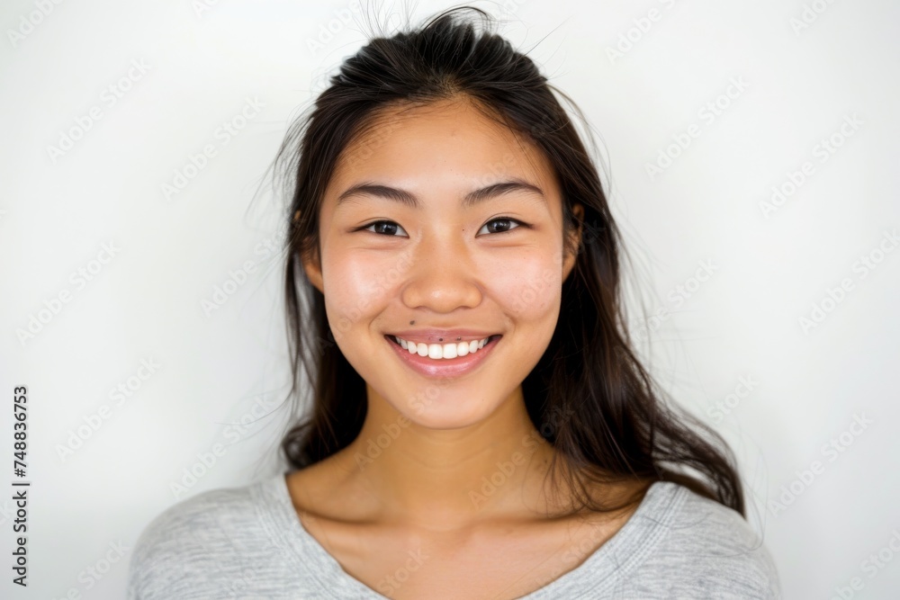 Radiating joy and humor, a university student girl stands before a pristine white background, perfectly capturing the spirit of youthful protagonists. Radiating joy and humor, a university student girl stands before a pristine white background, perfectly capturing the spirit of youthful protagonists.