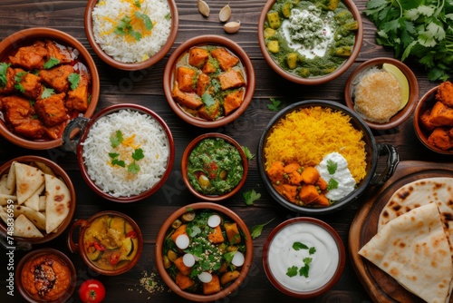 Traditional assortment of Indian dishes on the wooden table, top view.