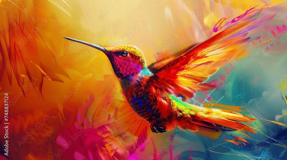 Bright, whimsical, macro hummingbird, colorful feathers