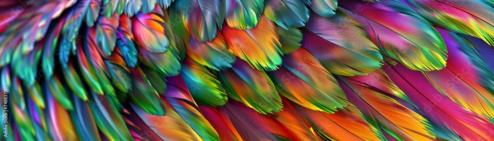 Brightly colored parrot feathers, a macro kaleidoscope of nature