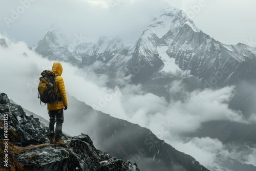 Mountaineer overlooking a foggy mountain range.