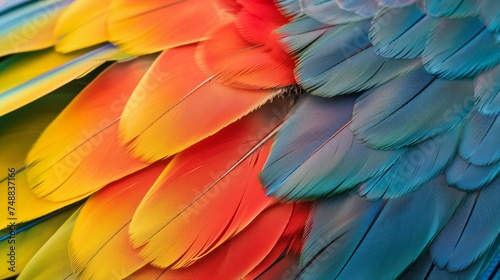 Brightly colored macaw feathers in close-up, a macro rainbow display © kitinut