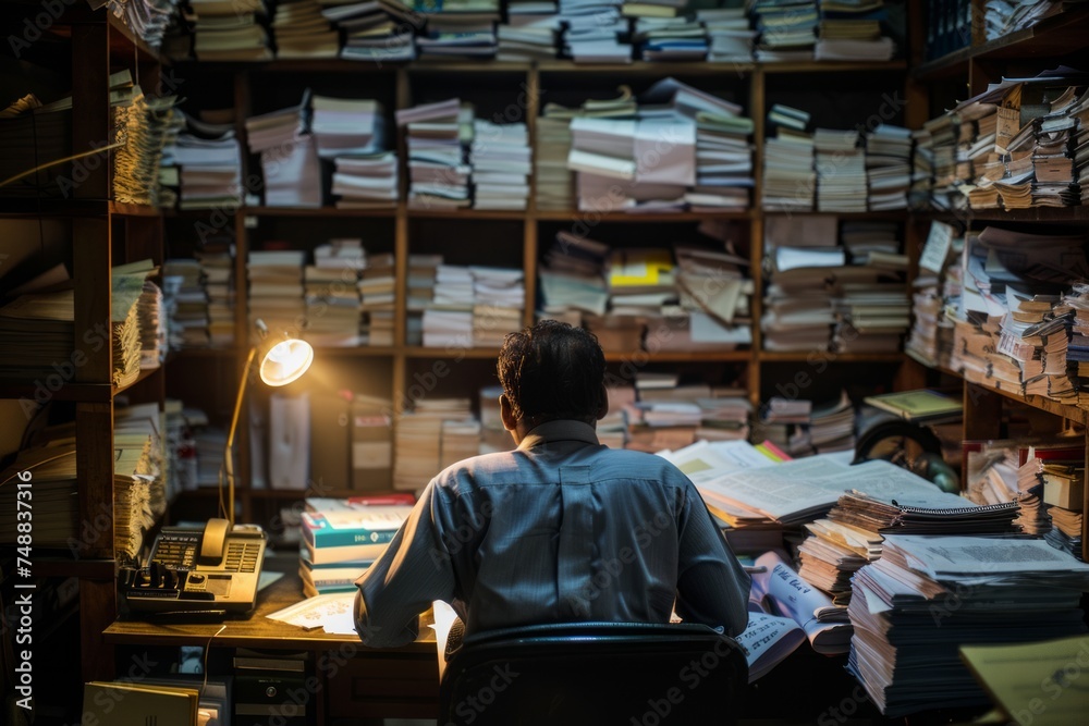 Man working late at an office surrounded by piles of paperwork.
