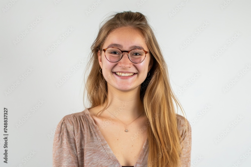 Radiating joy and humor, a university student girl stands before a pristine white background, perfectly capturing the spirit of youthful protagonists.