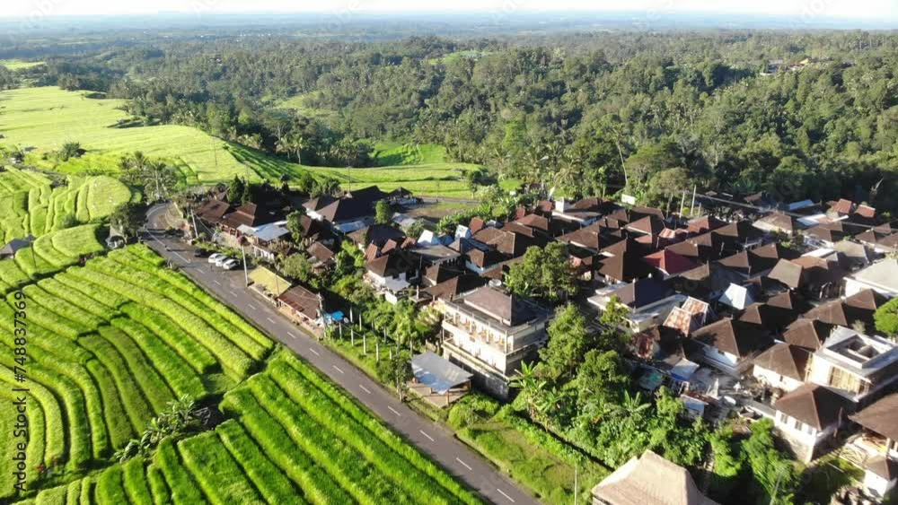 Aerial view of a village with a winding road and rice terraces Aerial view of a village with a winding road and rice terraces