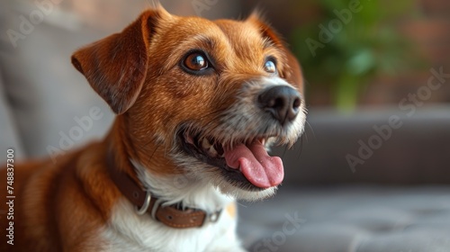 A Happy Dog with a Collar, The Cute Face of a Brown and White Dog, Sitting on the Sofa, This Dog Looks Content, A Smiling Dog with Tongue Out.