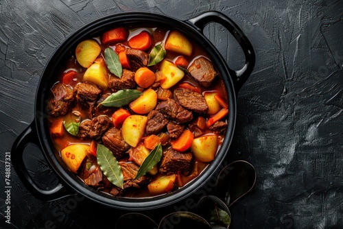 Beef meat stew with potatoes, carrot and delicious gravy in black casserole pot with bay leaves with spoon on black dark rustic concrete background from above . 
