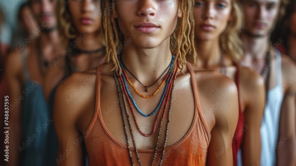 A Group of Young People with Dreadlocks, Multiple Faces of a Young Man with Dreadlocks, Different Views of a Young Woman with Dreadlocks, Various Poses of a Young Person with Dreadlocks. - obrazy, fototapety, plakaty 