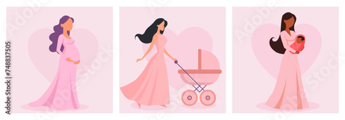 A set of illustrations of a healthy pregnancy, a pregnant woman, a woman pushing a baby in a stroller, a woman holding a baby in her arms. Flat vector illustration, modern pregnancy banner.