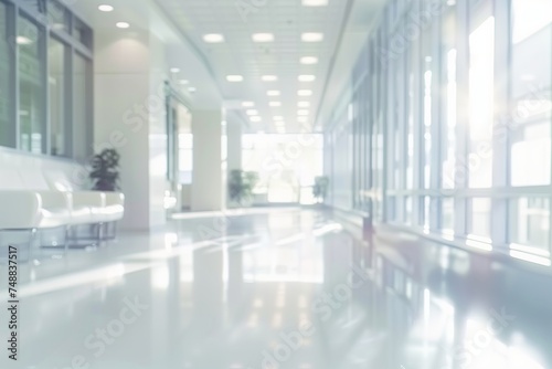 Blurry hospital corridor with white furniture and glass windows, in the style of blurred imagery, defocused backdrop, spot metering, shiny/glossy, clear edge definition, white modern medical space.