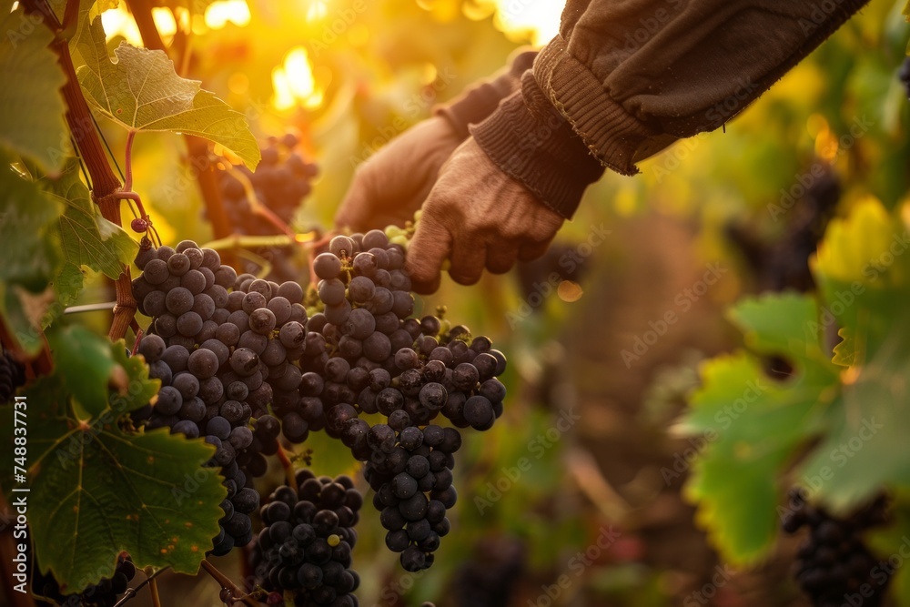 A person harvesting ripe grapes in a vineyard at sunset.