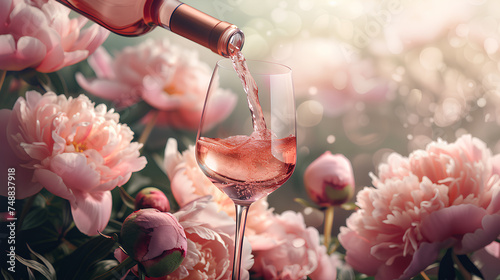 Pouring rose wine from the bottle into the glass against beautiful peonies, Champagne toast