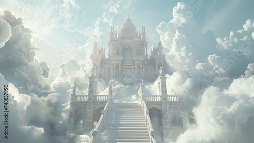 heaven in the clouds, a heavenly scene where soft, billowing clouds create a celestial backdrop, and a grand staircase made of white marble ascends majestically towards the heavens.