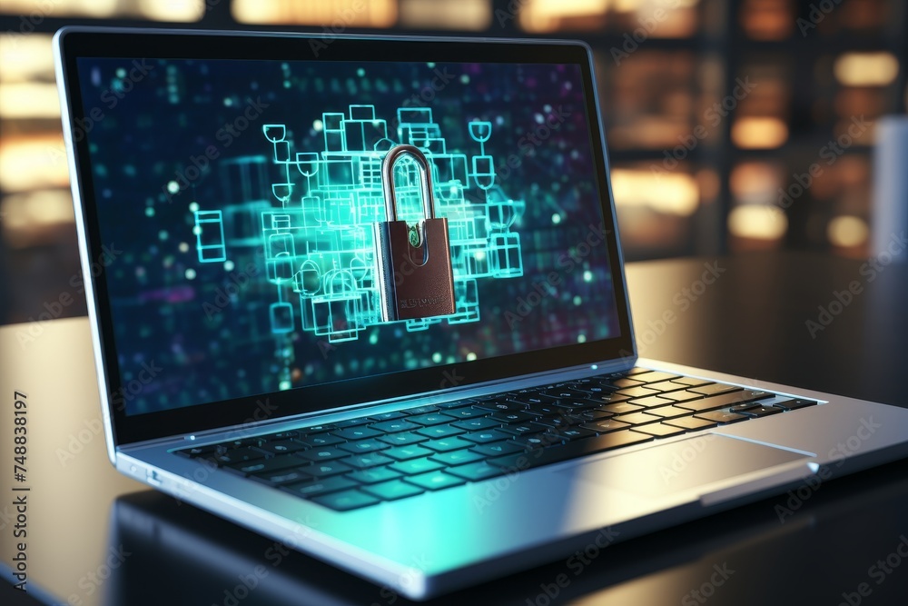 Secure software development code with padlock symbol on laptop screen for data security concept