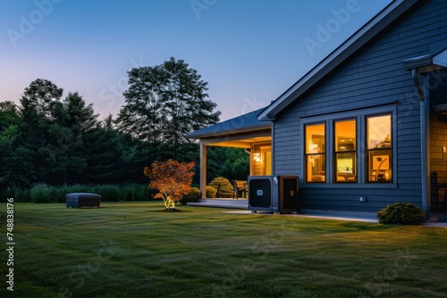 Modern home exterior with a heat pump system at dusk. © ParinApril