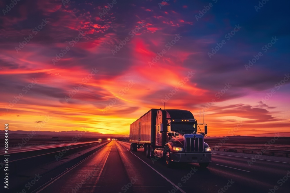 Semi-truck on the highway at sunset with a colorful sky.