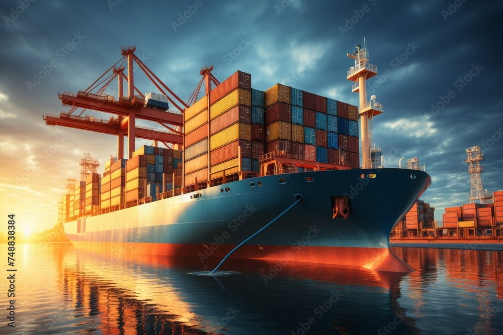 Fototapeta premium Container ship fully loaded in vibrant blue ocean waters under the beautiful sunset sky