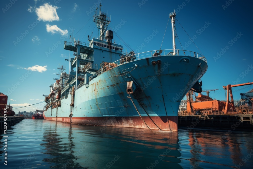 Front view of fully loaded container ship sailing in vibrant blue ocean under clear sky Front view of fully loaded container ship sailing in vibrant blue ocean under clear sky