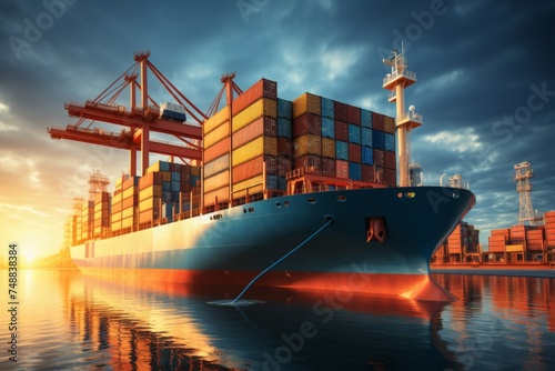 Container ship fully loaded in vibrant blue ocean waters under the beautiful sunset sky
