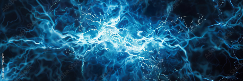 The image features a striking blue and black background illuminated by intense lightning strikes, creating a dramatic and dynamic visual effect