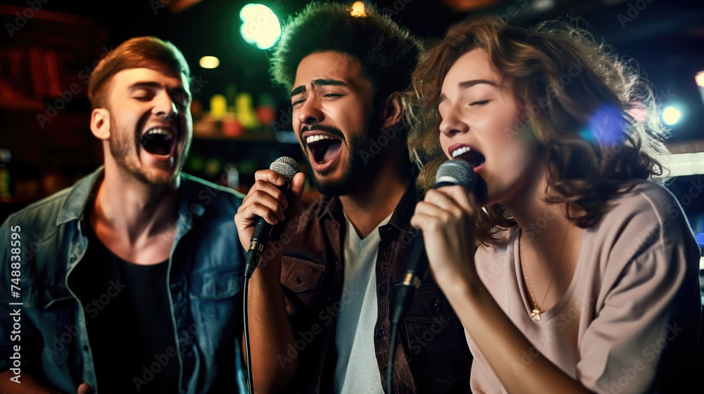 Rocking the Mic, A Group of Friends Singing at a Bar, Karaoke Fun with Friends, Generative AI Rocking the Mic, A Group of Friends Singing at a Bar, Karaoke Fun with Friends, Generative AI