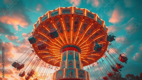 A Spinning Carousel of Fun, The Twirling Ferris Wheel, Ride the Merry-Go-Round with Colorful Lights, Enjoy a Thrilling Ride on the Amusement Park Ferris Wheel.
