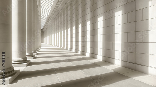 A Path of Light, Sunlight and Shadows in a White Long Corridor with Columns, Generative AI © BPawesome
