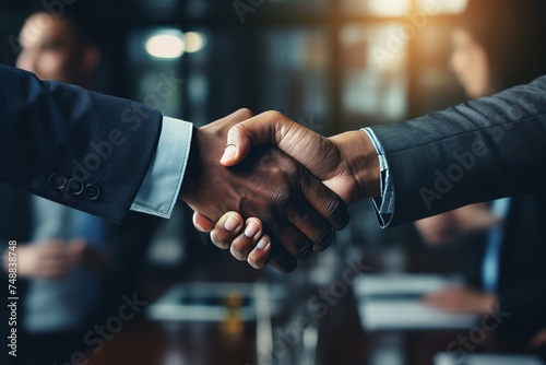 Close-up of two business people shaking hands, over a table with in office © polack