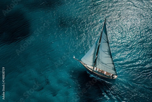 Aerial view of a sailboat on clear blue water.