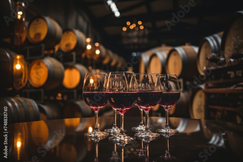 odern wine cellar with wooden barrels, wine industry background for wine production photo