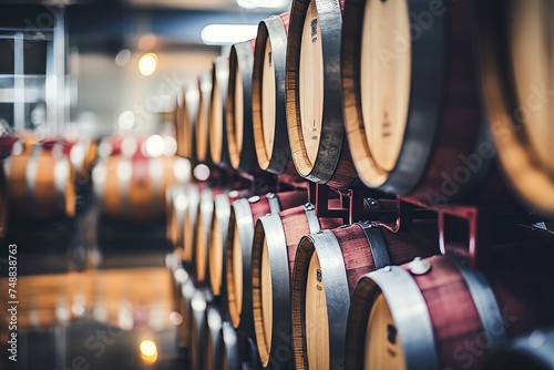Light photo of a modern wine cellar with wooden barrels, wine industry background photo
