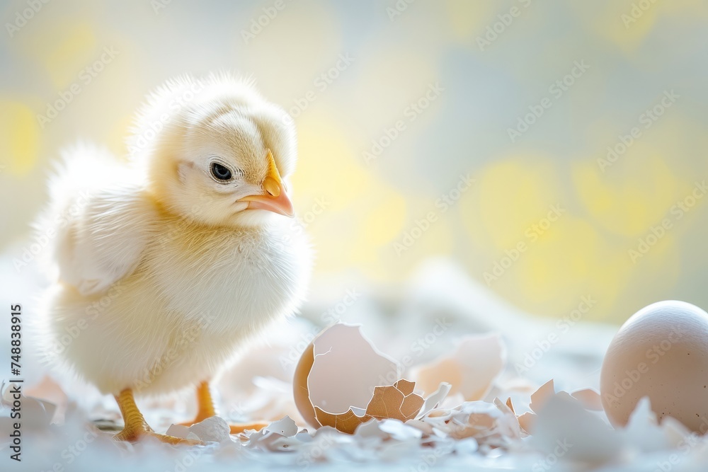 A small yellow newborn chick stands near the shell from which it hatched on a plain bright background	
