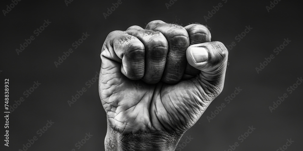 This black and white photo showcases a powerful fist raised in the air, symbolizing strength and determination. The contrast adds to the impact of the image