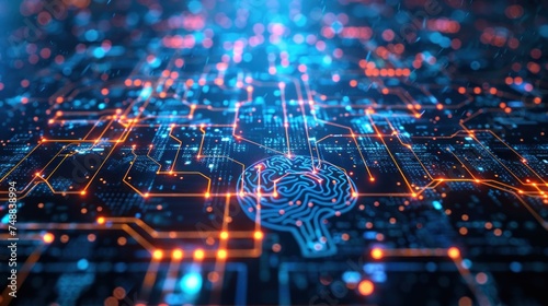 Digital illustration of a brain-shaped network on an electronic circuit board symbolizing artificial intelligence and machine learning.