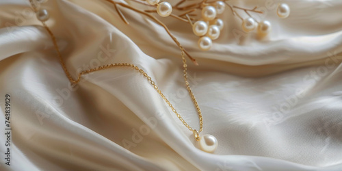 A close-up shot of a chic and minimalistic pendant golden necklace with pearl on a draped ivory silk cloth, highlighted by an arrangement of artificial pearl berries for a touch of elegance