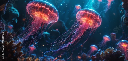 Bioluminescent Jellyfish Drift Among Oceanic Corals © Evgen
