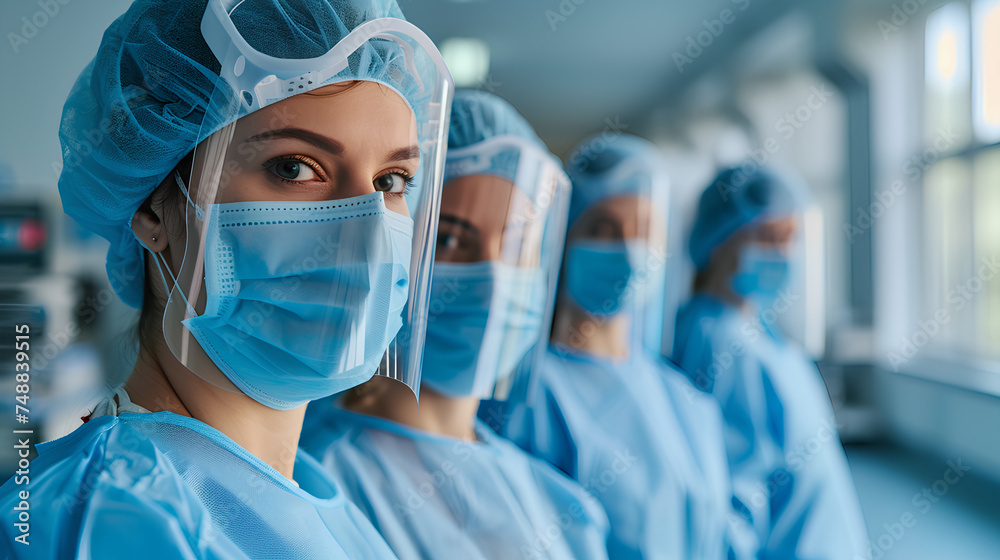 Surgeons team, wearing protective uniforms, caps and masks Surgeons team, wearing protective uniforms, caps and masks