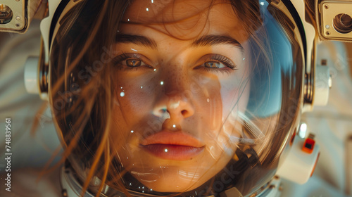 Embark on a celestial journey with our stunning astronaut fashion model! Adorned in futuristic couture, she graces the cosmic runway against the backdrop of swirling galaxies.