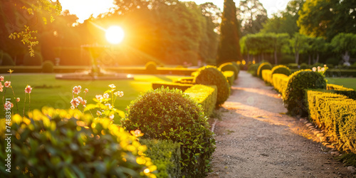 Sunset Glow over a Formal Garden Pathway