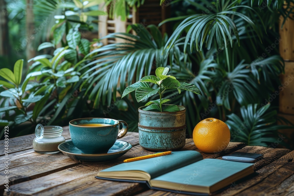 A serene setting featuring a coffee cup, notebook, and fresh green plants against a lush garden backdrop